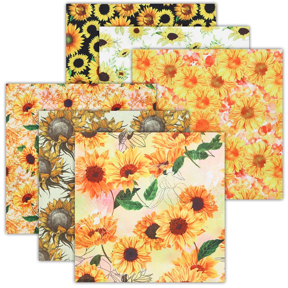 Sunflower Fabric,6 PCS Spring Fall Floral Polyester Fat Quarters Fabric Bundles 20 x 20 inches,Yellow Orange Black Sunflower Sewing Polyester Vintage Cotton Fabric Material For Sewing Clothes Quilting