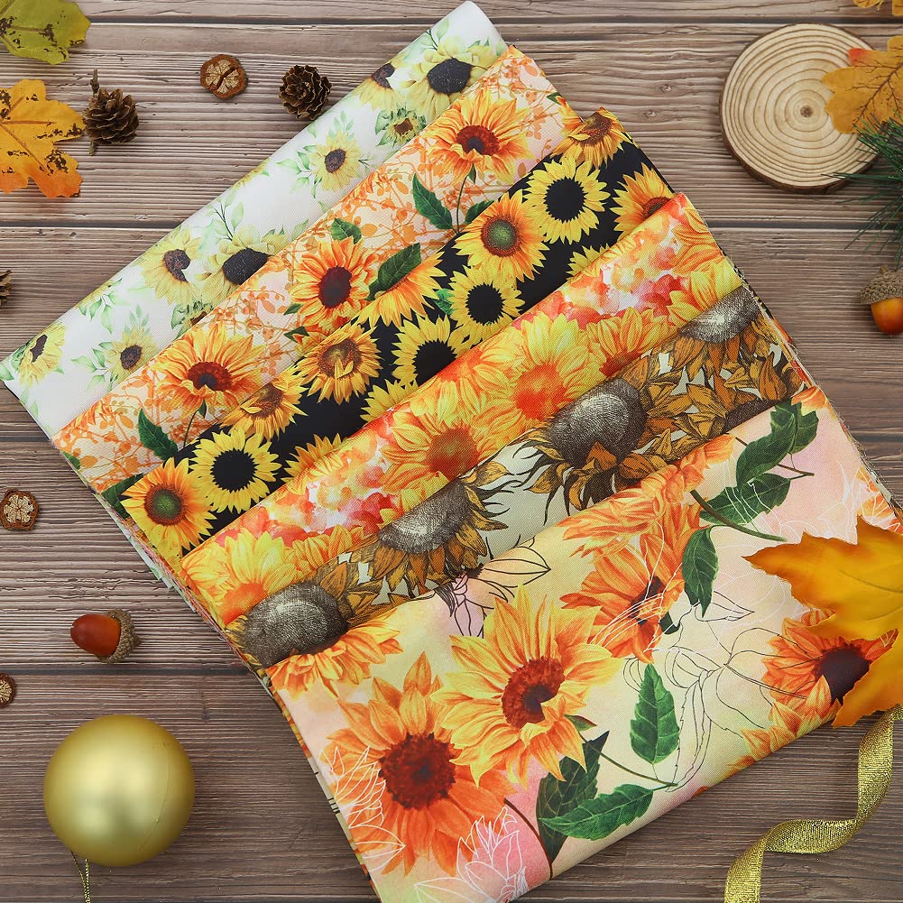 Sunflower Fabric,6 PCS Spring Fall Floral Polyester Fat Quarters Fabric Bundles 20 x 20 inches,Yellow Orange Black Sunflower Sewing Polyester Vintage Cotton Fabric Material For Sewing Clothes Quilting