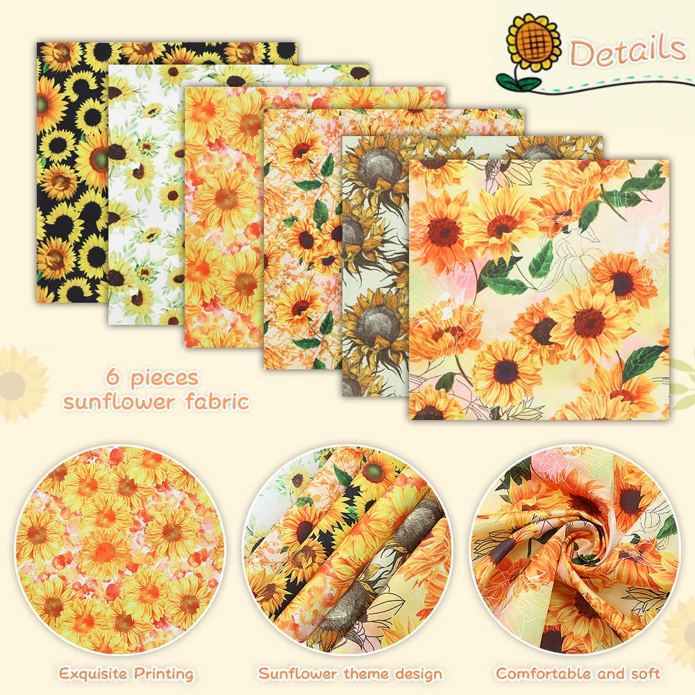 Sunflower Fabric,6 PCS Spring Fall Floral Polyester Fat Quarters Fabric Bundles 20 x 20 inches,Yellow Orange Black Sunflower Sewing Polyester Vintage Cotton Fabric Material For Sewing Clothes Quilting