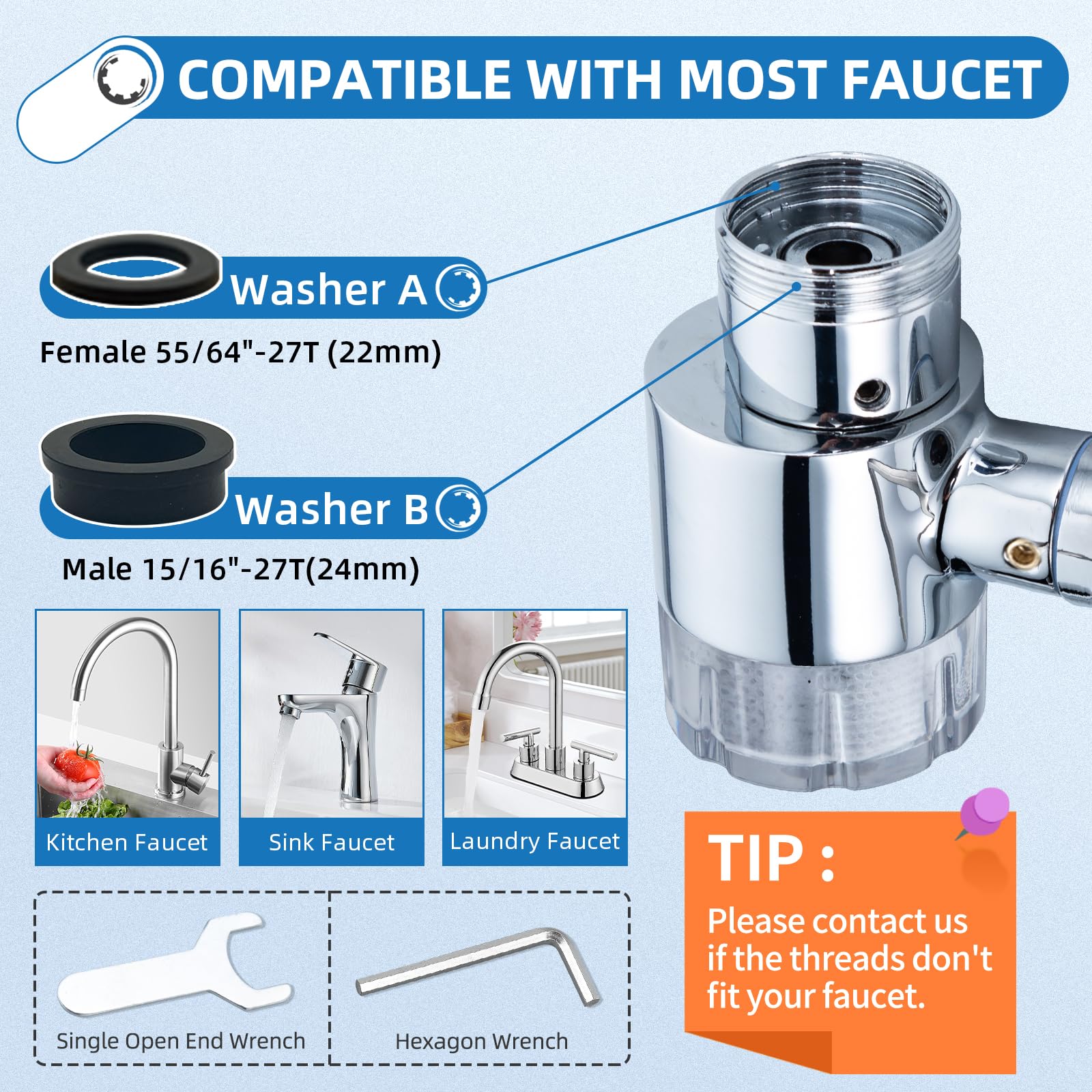 CECEFIN Water-Filter for Sink-Faucet Extender-Aerator - 9pcs Cartridges Reduce Chlorine for Bathroom/Kitchen Skin Face Eye Wash,Brass Faucet Mount Purifier System,1080°Rotating 2-Mode Swivel Aerator