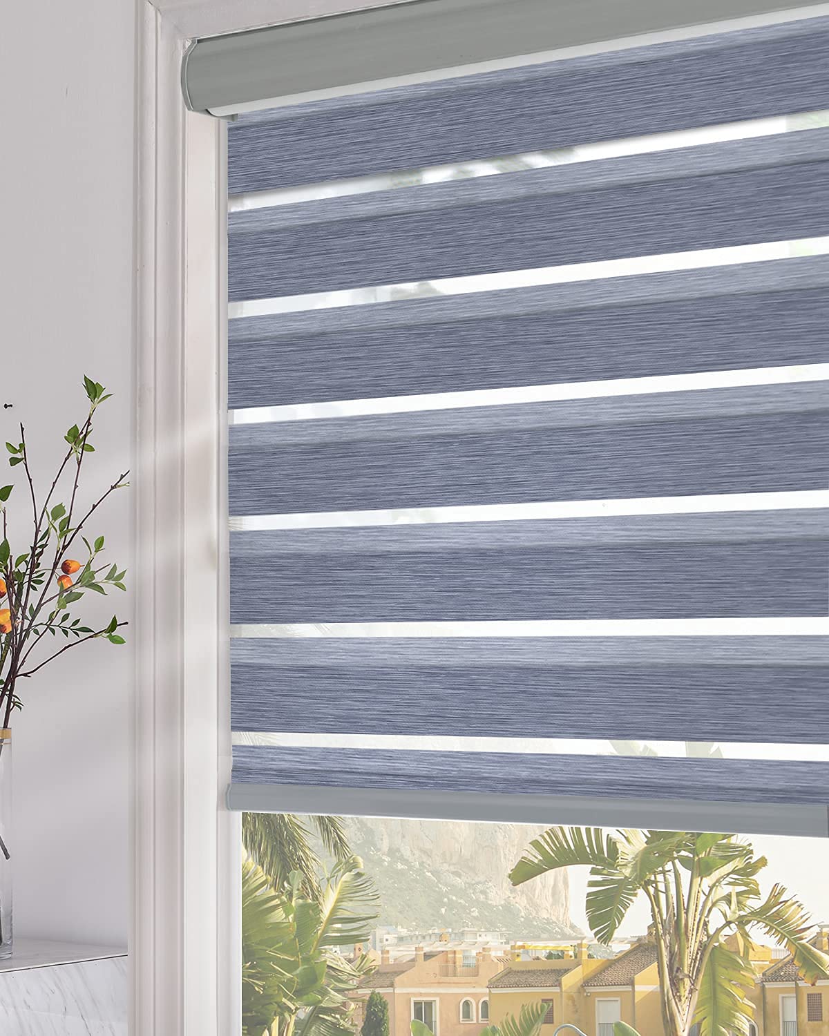 Persilux Zebra Blinds Dual Layer Roller Sheer Shades (58" W X 64" H, Dark Grey) Light Filtering Privacy Light Control for Day and Night Blackout Window Shades for Home and Office Easy to Install