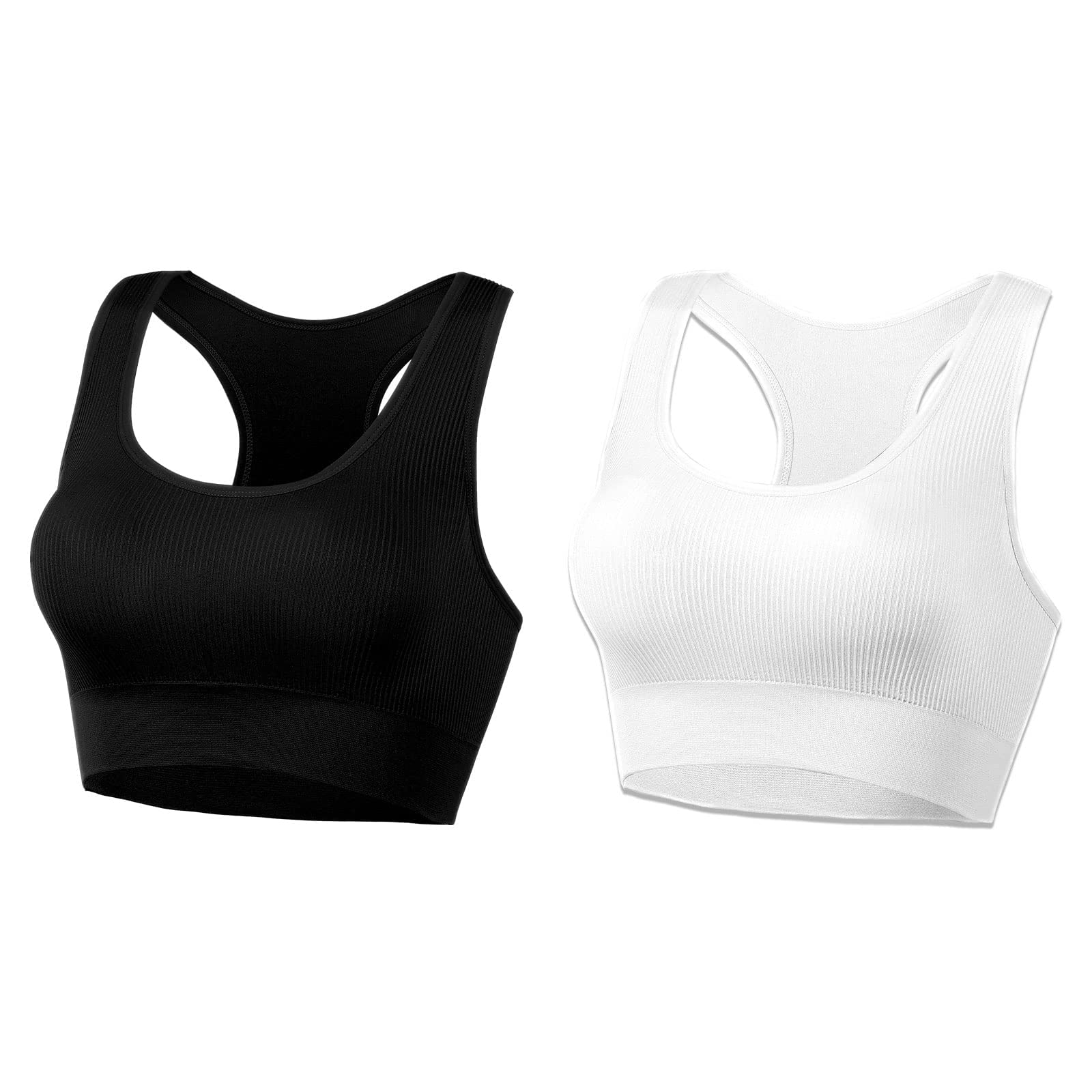 AMRIY Racerback Sports Bras for Women Medium Support Padded Bra Supportive Compression Seamless Women's Sports Wireless Bra Black White,XL