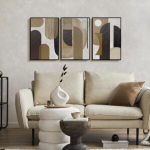 ArtbyHannah Framed Abstract Canvas Wall Art with black and Brown Geometric Prints, Boho Wall Art for Modern Living Room Bedroom, 16x24 Inch Set of 3