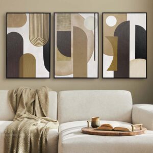 ArtbyHannah Framed Abstract Canvas Wall Art with black and Brown Geometric Prints, Boho Wall Art for Modern Living Room Bedroom, 16x24 Inch Set of 3