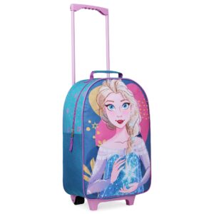 disney foldable suitcase for girls with wheels, trolley hand luggage bag - minnie mouse carry on travel bag for kids (blue elsa)