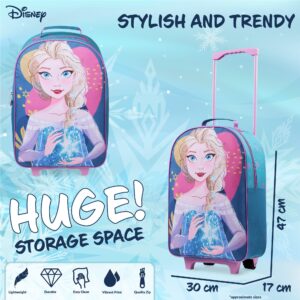 Disney Foldable Suitcase for Girls with Wheels, Trolley Hand Luggage Bag - Minnie Mouse Carry On Travel Bag for Kids (Blue Elsa)