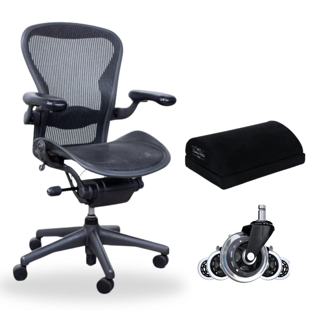 Aeron Herman Miller Office Chair Size B |10 Year Warranty | Fully Adjustable Arms| Tilt Limiter and Seat Angle Adjustment| Adjustable Lumbar Pad|Renewed| Free Footrest and Hardwood Rollerblade Wheels