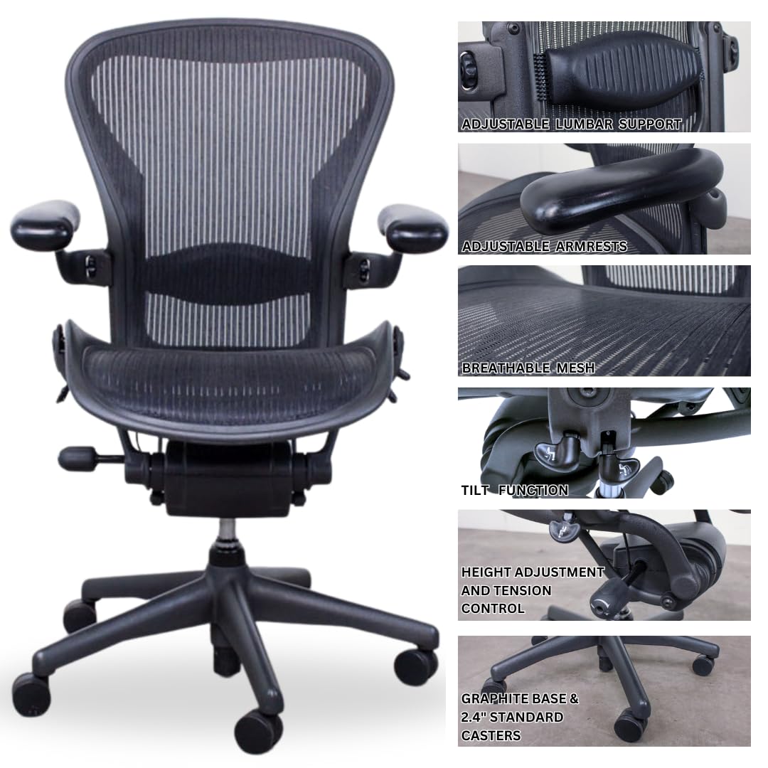 Aeron Herman Miller Office Chair Size B |10 Year Warranty | Fully Adjustable Arms| Tilt Limiter and Seat Angle Adjustment| Adjustable Lumbar Pad|Renewed| Free Footrest and Hardwood Rollerblade Wheels