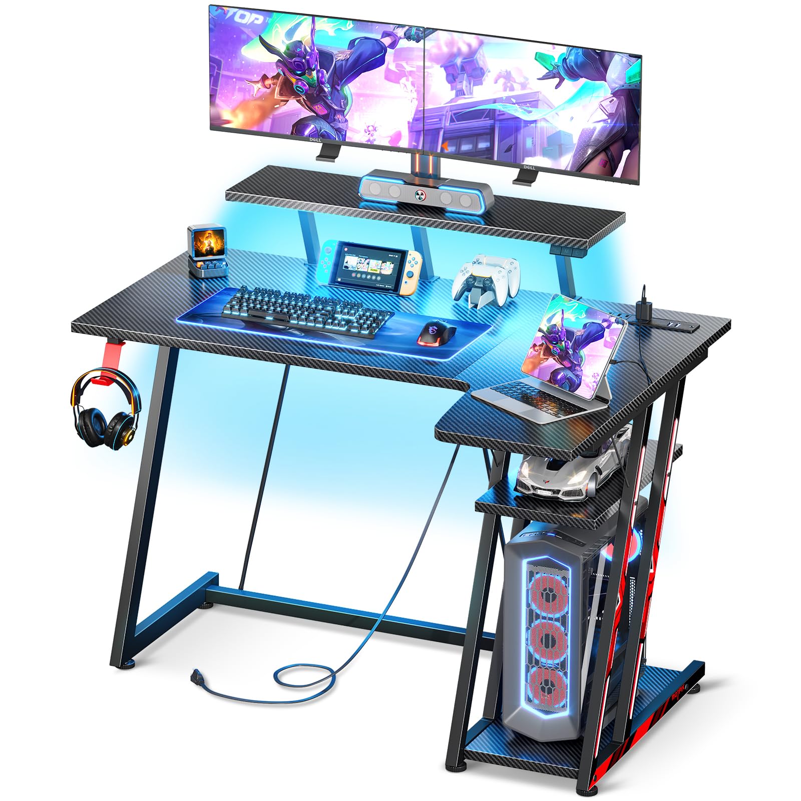 MOTPK Small Gaming Desk with LED Lights & Power Outlets, 39 Inch L Shaped Gaming Computer Desk with Storage Shelf, Gamer Desk with Monitor Stand, PC Gaming Table with Carbon Fiber Texture, Black