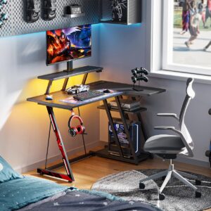 MOTPK Small Gaming Desk with LED Lights & Power Outlets, 39 Inch L Shaped Gaming Computer Desk with Storage Shelf, Gamer Desk with Monitor Stand, PC Gaming Table with Carbon Fiber Texture, Black