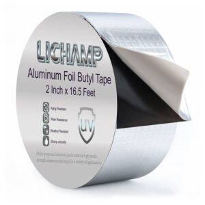 lichamp aluminum butyl tape, waterproof butyl aluminum foil tape 2 inches x 16.4ft for rv repair, roof, window patch, boat and outdoor pipe sealing