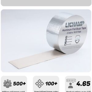 Lichamp Aluminum Butyl Tape, Waterproof Butyl Aluminum Foil Tape 2 inches x 16.4ft for RV Repair, Roof, Window Patch, Boat and Outdoor Pipe Sealing