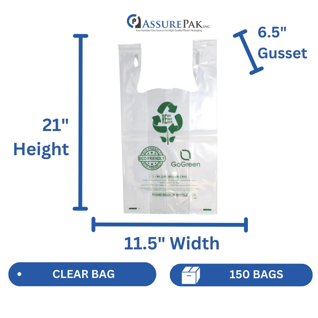 Eco Friendly Thick Reusable T-Shirt Bags - 1/6 BBL - 11.5"X6.5"X21" - 150 Bags - 4.0 Mil - 101 Mic - Clear