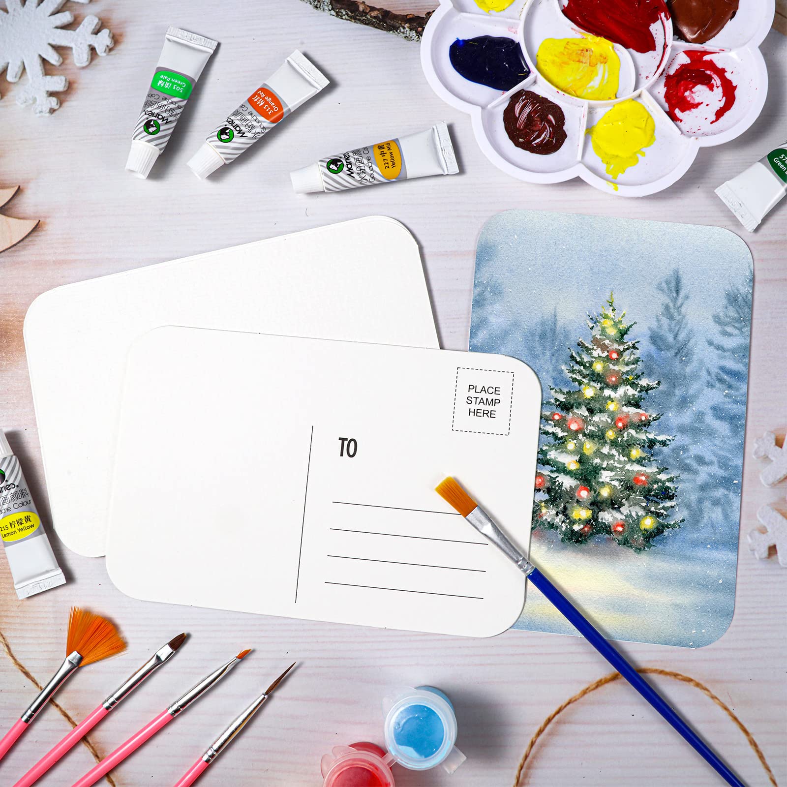 100 Pcs Blank Watercolor Paper Postcards 140lb/300gsm Heavyweight Art Paper Post Note Cards White 4 x 6 Inch Watercolor Journal Cards for DIY Mailing Christmas Thanksgiving Painting (Round Angle)