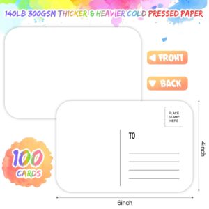 100 Pcs Blank Watercolor Paper Postcards 140lb/300gsm Heavyweight Art Paper Post Note Cards White 4 x 6 Inch Watercolor Journal Cards for DIY Mailing Christmas Thanksgiving Painting (Round Angle)