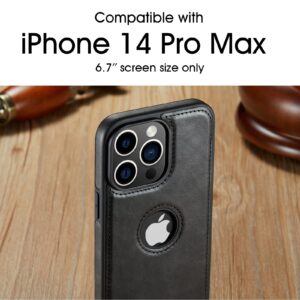 Casus Designed for iPhone 14 Pro Max Case Vegan Leather Slim Logo View Classic Luxury Elegant Thin Protective Cover (2022) 6.7" (Black)