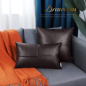 BRAWARM Faux Leather Throw Pillow Covers 12 X 20 Inches, Brown Leather Lumbar Pillow Covers Pack of 2, Hand Stitched Leather Decorative Throw Pillows for Couch Sofa Bed Living Room Home Garden