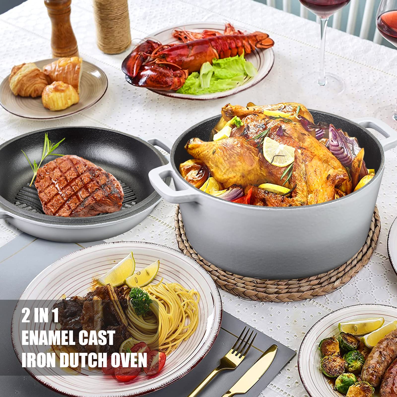 5.5 Quart Enameled Cast Iron Dutch Oven, 2-In-1 Enamel Dutch Oven Pot with Skillet Lid for Grill, Stovetop, Induction (Gradient Grey)