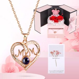 ADDWel Gifts for Mom from Daughter and Son, Mom Birthday Gift Idea from Kids, Unique Preserved Real Roses with I Love You in 100 Languages Mom Necklace, Cool Present to Mother Mama