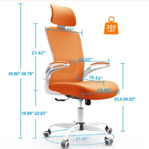 Mimoglad Home Office, High Back Ergonomic Desk Adjustable Lumbar Support and Headrest, Swivel Task Chair with flip-up Armrests for Guitar Playing, 5 Years Warranty, Carrot Orange