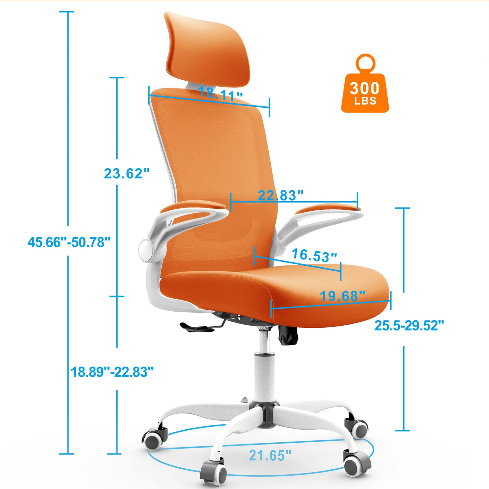 Mimoglad Home Office, High Back Ergonomic Desk Adjustable Lumbar Support and Headrest, Swivel Task Chair with flip-up Armrests for Guitar Playing, 5 Years Warranty, Carrot Orange