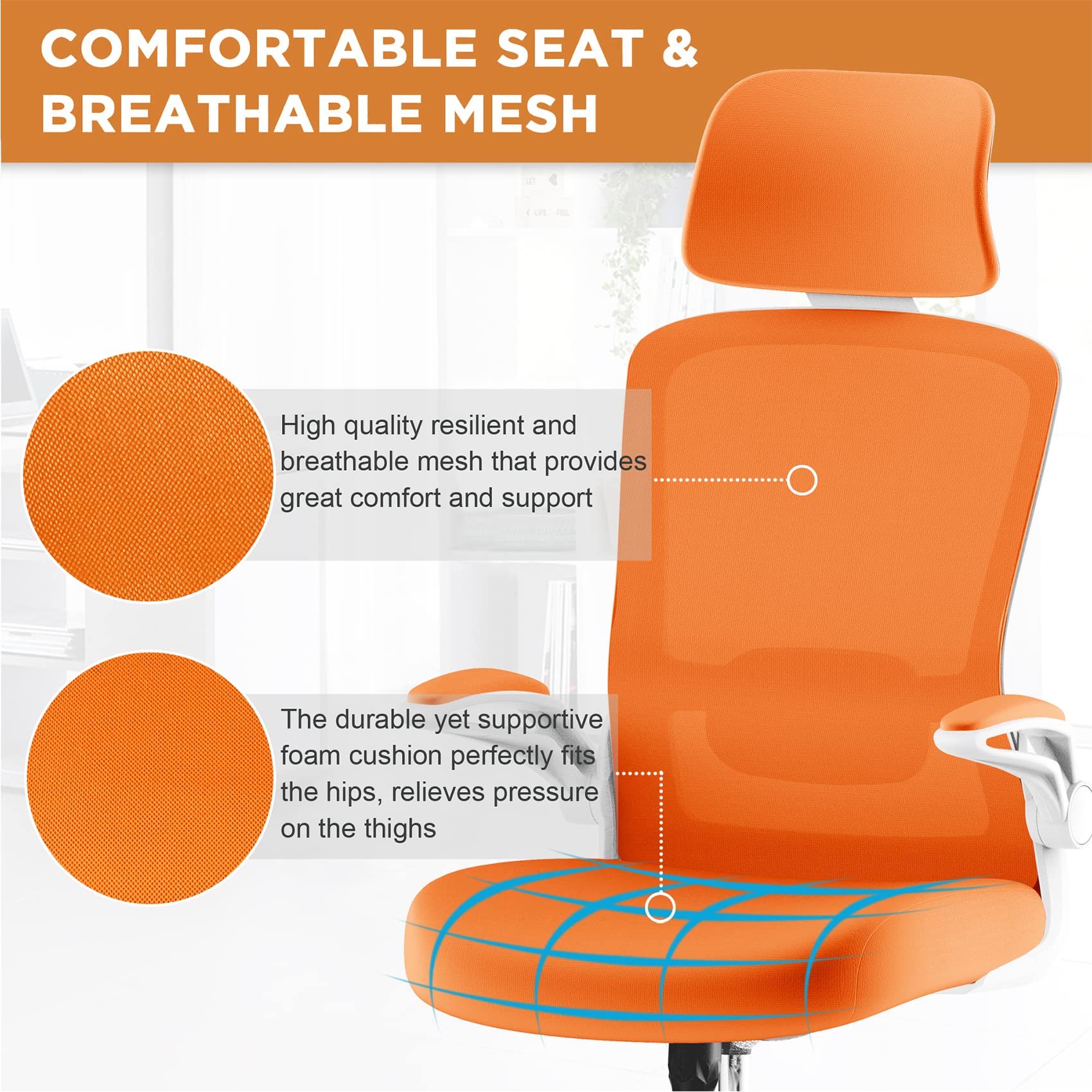 Mimoglad Home Office, High Back Ergonomic Desk Adjustable Lumbar Support and Headrest, Swivel Task Chair with flip-up Armrests for Guitar Playing, 5 Years Warranty, Carrot Orange