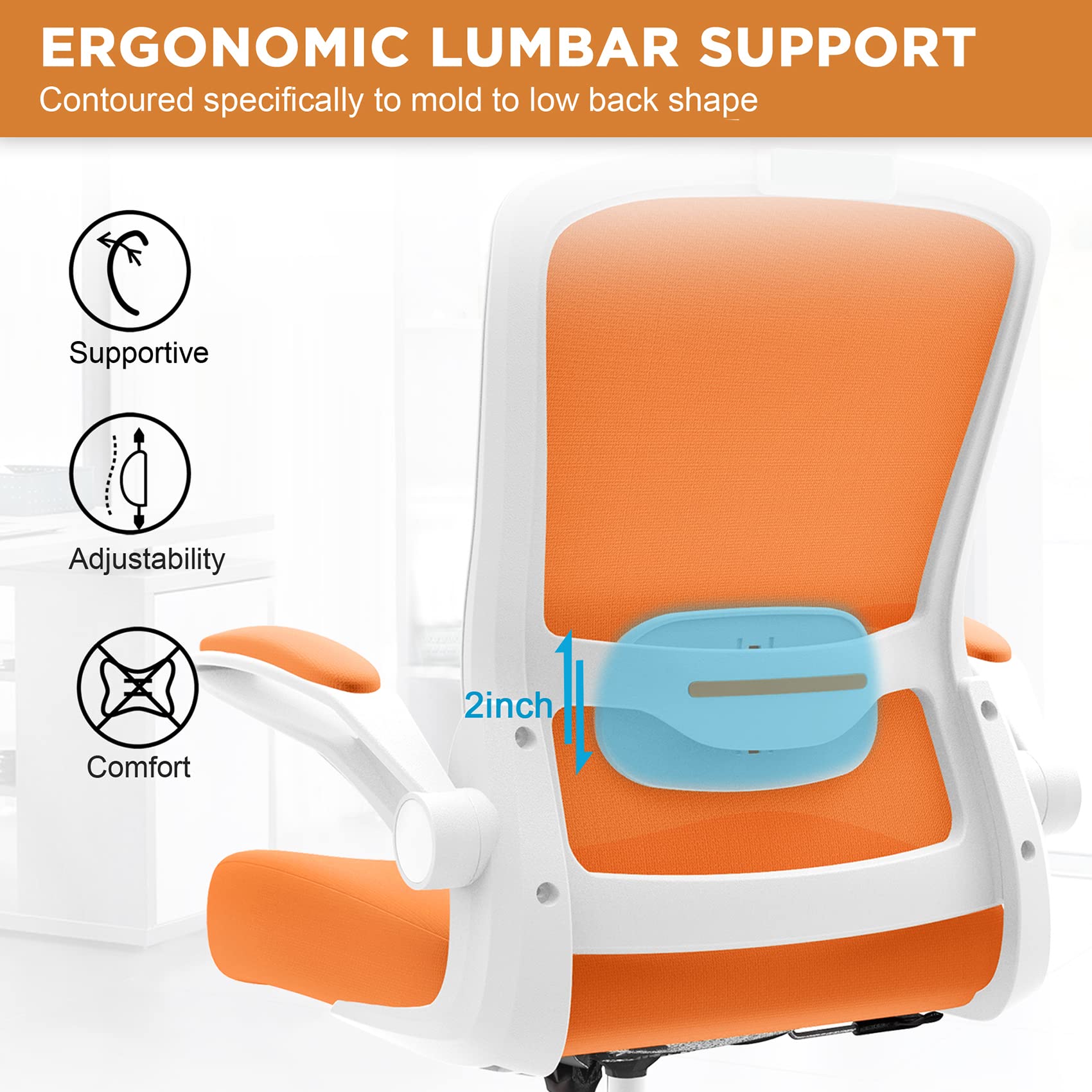 Mimoglad Home Office, High Back Ergonomic Desk Adjustable Lumbar Support and Headrest, Swivel Task Chair with flip-up Armrests for Guitar Playing, 5 Years Warranty, Carrot Orange