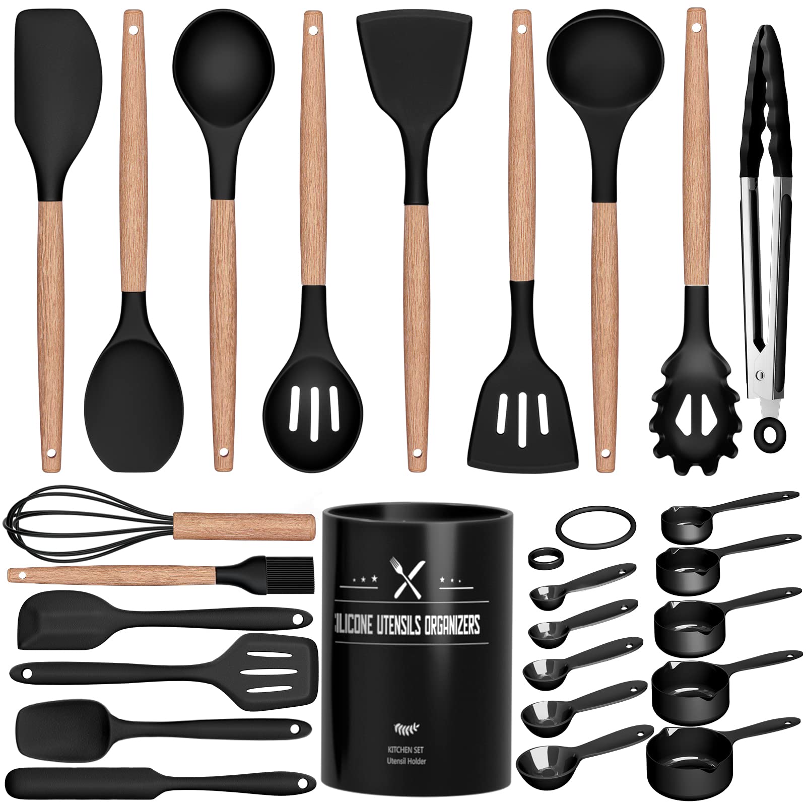 Kitchen Utensils Set, 26 Pcs Non-Stick Silicone Cooking Utensils Spatula Set with Holder, Sturdy Wooden Handle, Heat Resistance Silicone Kitchen Gadgets Utensils Set, Black