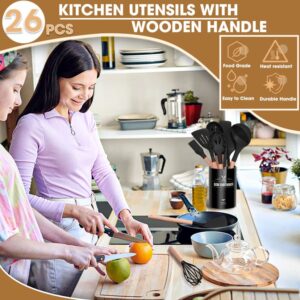 Kitchen Utensils Set, 26 Pcs Non-Stick Silicone Cooking Utensils Spatula Set with Holder, Sturdy Wooden Handle, Heat Resistance Silicone Kitchen Gadgets Utensils Set, Black