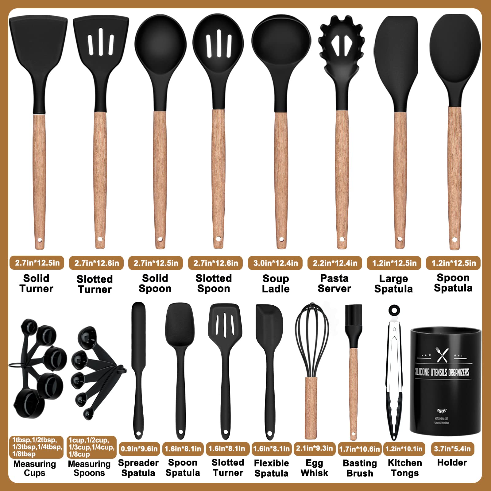 Kitchen Utensils Set, 26 Pcs Non-Stick Silicone Cooking Utensils Spatula Set with Holder, Sturdy Wooden Handle, Heat Resistance Silicone Kitchen Gadgets Utensils Set, Black