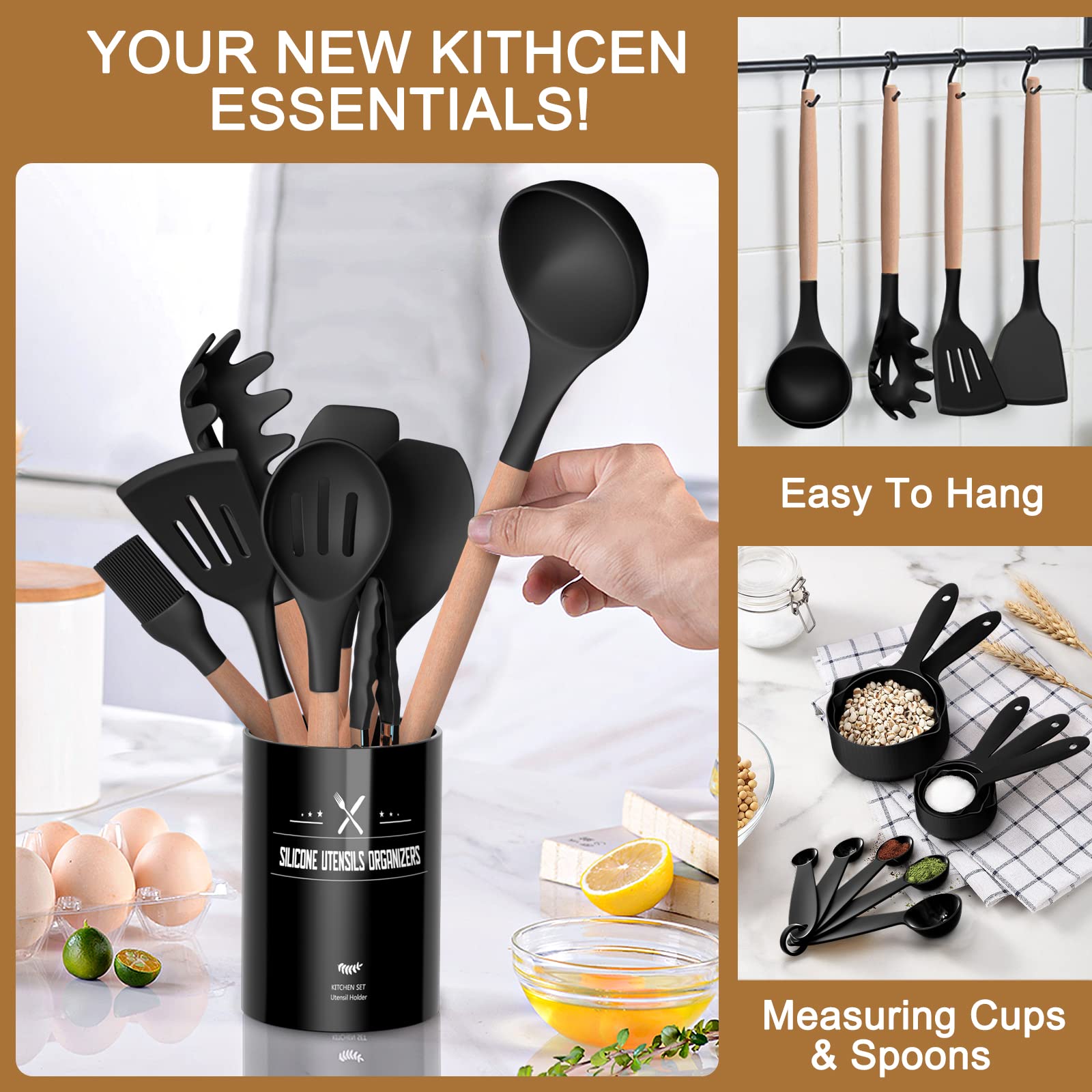 Kitchen Utensils Set, 26 Pcs Non-Stick Silicone Cooking Utensils Spatula Set with Holder, Sturdy Wooden Handle, Heat Resistance Silicone Kitchen Gadgets Utensils Set, Black