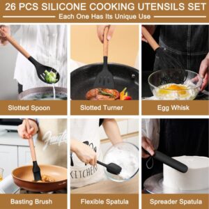 Kitchen Utensils Set, 26 Pcs Non-Stick Silicone Cooking Utensils Spatula Set with Holder, Sturdy Wooden Handle, Heat Resistance Silicone Kitchen Gadgets Utensils Set, Black