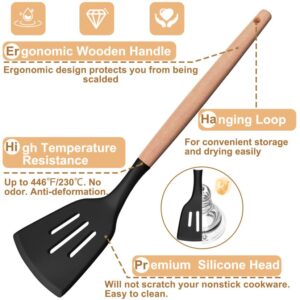 Kitchen Utensils Set, 26 Pcs Non-Stick Silicone Cooking Utensils Spatula Set with Holder, Sturdy Wooden Handle, Heat Resistance Silicone Kitchen Gadgets Utensils Set, Black