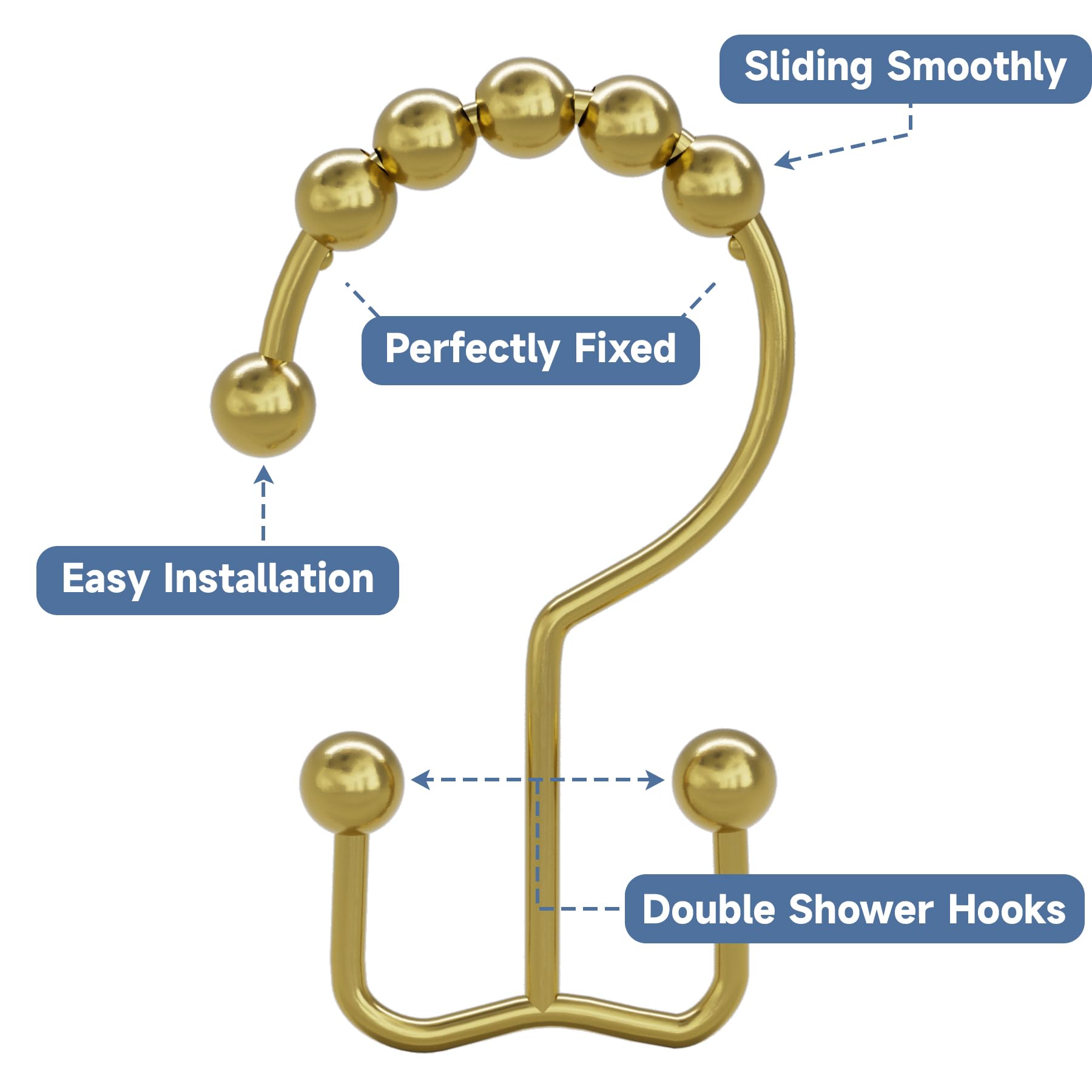 Titanker Gold Shower Curtain Hooks Rings, Rust-Resistant Metal Double Glide Shower Hooks Rings for Bathroom Shower Curtains Rods, Set of 12 Hooks - Gold