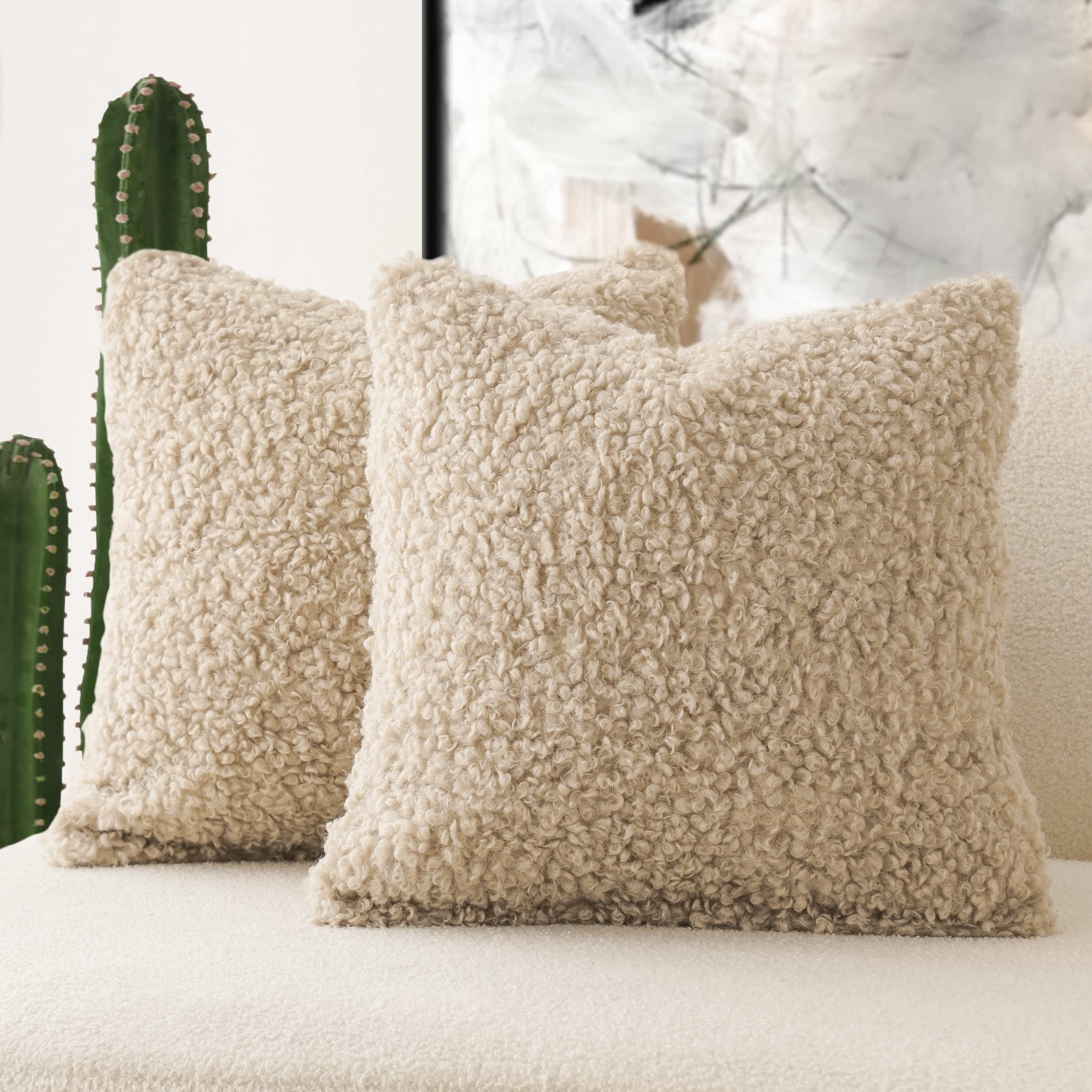 Foindtower 2 Pieces Faux Fur Throw Pillow Cover Decorative Sherpa Pillow Fuzzy Accent Pillowcases Soft Sheepskin Fleece Cushion Case for Bed Couch Living Room 18x18 Inch Light Khaki