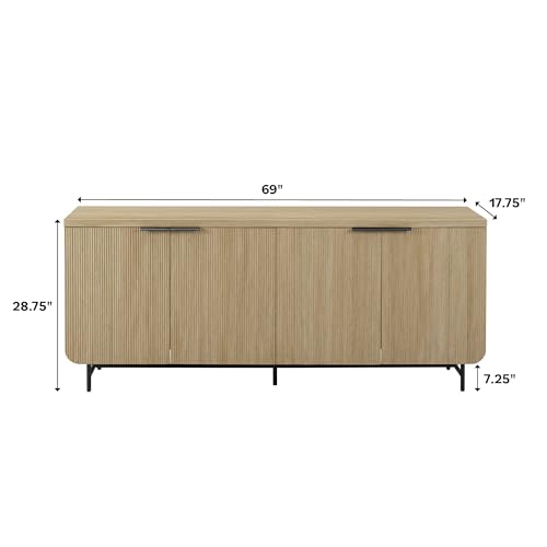 Walker Edison Modern Scandinavian Fluted Door Kitchen Storage Sideboard Buffet Cabinet Console, 69 Inch, Coastal Oak/Black