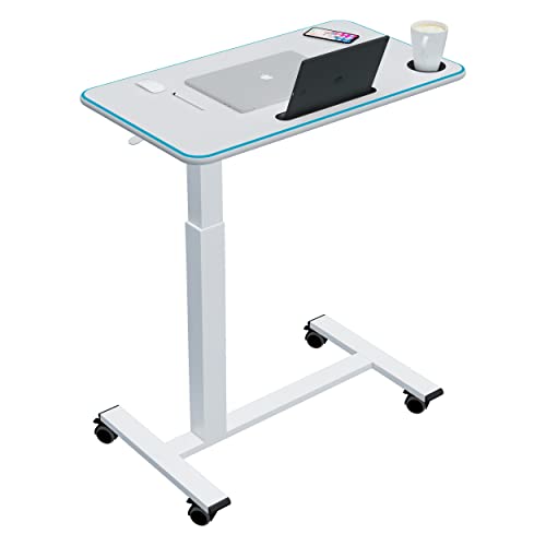 HITACTS Upgrade Multifunctional Height Adjustable Overbed Table with iPad Slot, Cup Holder, Lockable Wheels, Adjustable Overbed Bedside Table, Mobile Standing Desk Laptop Desk, Height 29"-44"