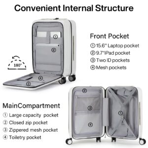 Hanke 20 Inch Carry On Luggage with Wheels PC Hard Shell Suitcases Lightweight Front Opening Tsa Luggage Travel Suitcase Woman Men(Smoke White)