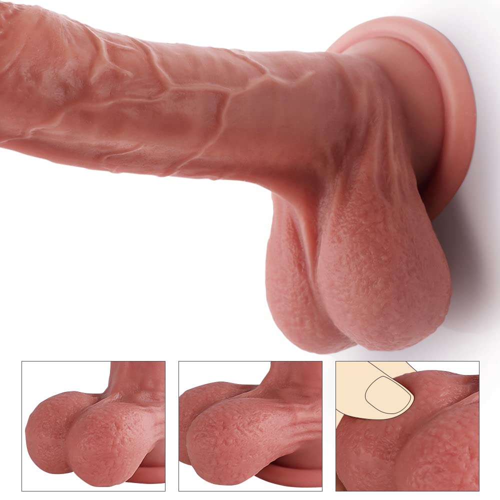 Realistic Dildos Feels Like Real Skin with Full Shaped Balls, Soft and Flexible Double Layer Silicone Dildo with Suction Cup for Hands-Free Play, 8.2 Inch G Spot Penis Adult Sex Toy for Women