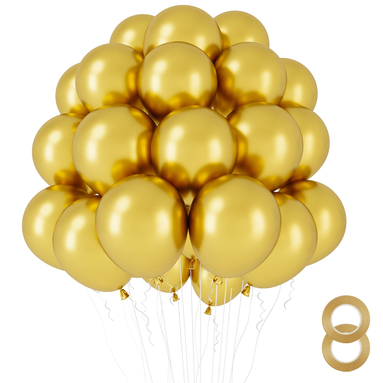 RUBFAC Gold Metallic Balloons Latex Balloons 100pcs 12 Inch Helium Balloons for Birthday Graduation Baby Shower Wedding Anniversary Party Decorations, Gold Ribbon