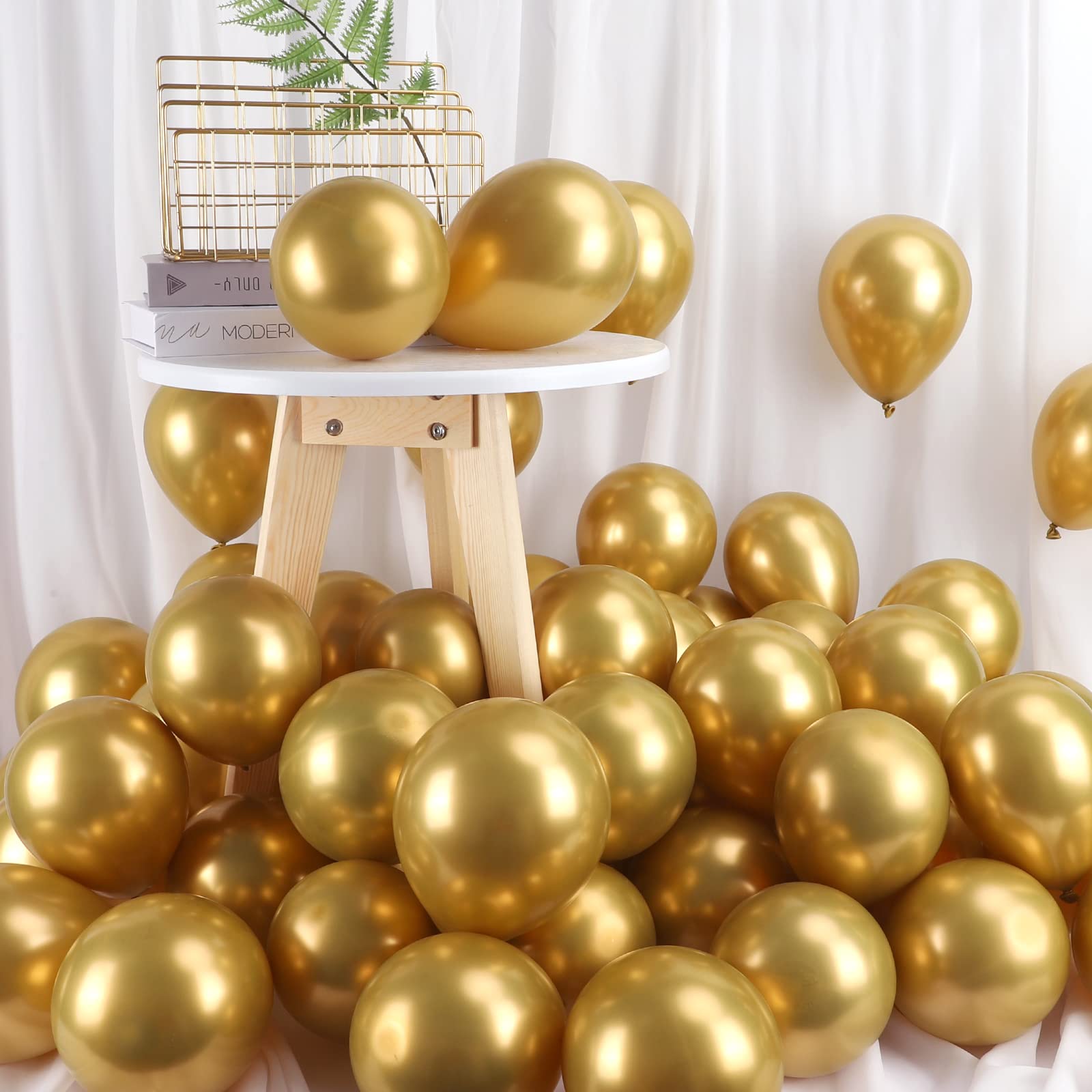 RUBFAC Gold Metallic Balloons Latex Balloons 100pcs 12 Inch Helium Balloons for Birthday Graduation Baby Shower Wedding Anniversary Party Decorations, Gold Ribbon