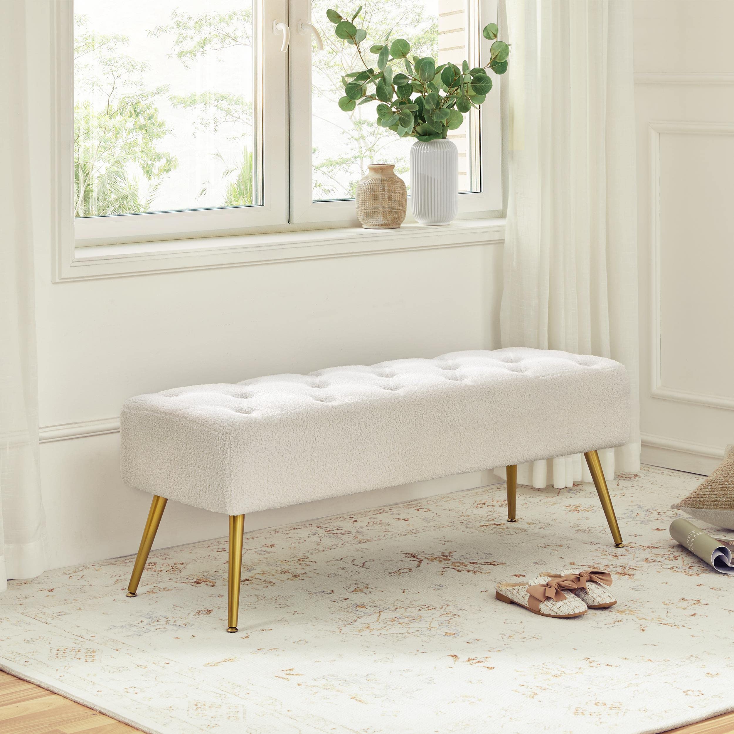 Yaheetech Modern Ottoman Bench Boucle Bench Upholstered Footrest for Living Room with Gold Metal Legs and Padded Seat Ivory