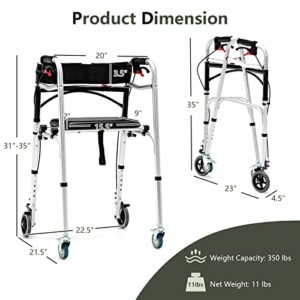 Goplus Walkers for Seniors, 4-in-1 Folding Walker with 5’’ Wheels, Detachable Seat, Height Adjustable Stand Up Walker, Medical Walking Mobility Aid, 350lbs Rolling Walker for Adult Bariatric Handicap