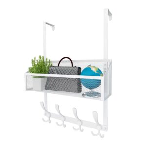 kaiferty over the door hooks organizer, door hanger towel rack mesh basket with 12 hooks,over the door storage coat hooks behind door organizer for bathroom,bedroom,kitchen,office(white)