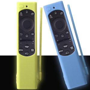 compatible with samsung smart tv remote 2022 bn59 remote with solar panels silicone cover, anti-fall shockproof silicone protective case with lanyard（luminous green+luminous blue）