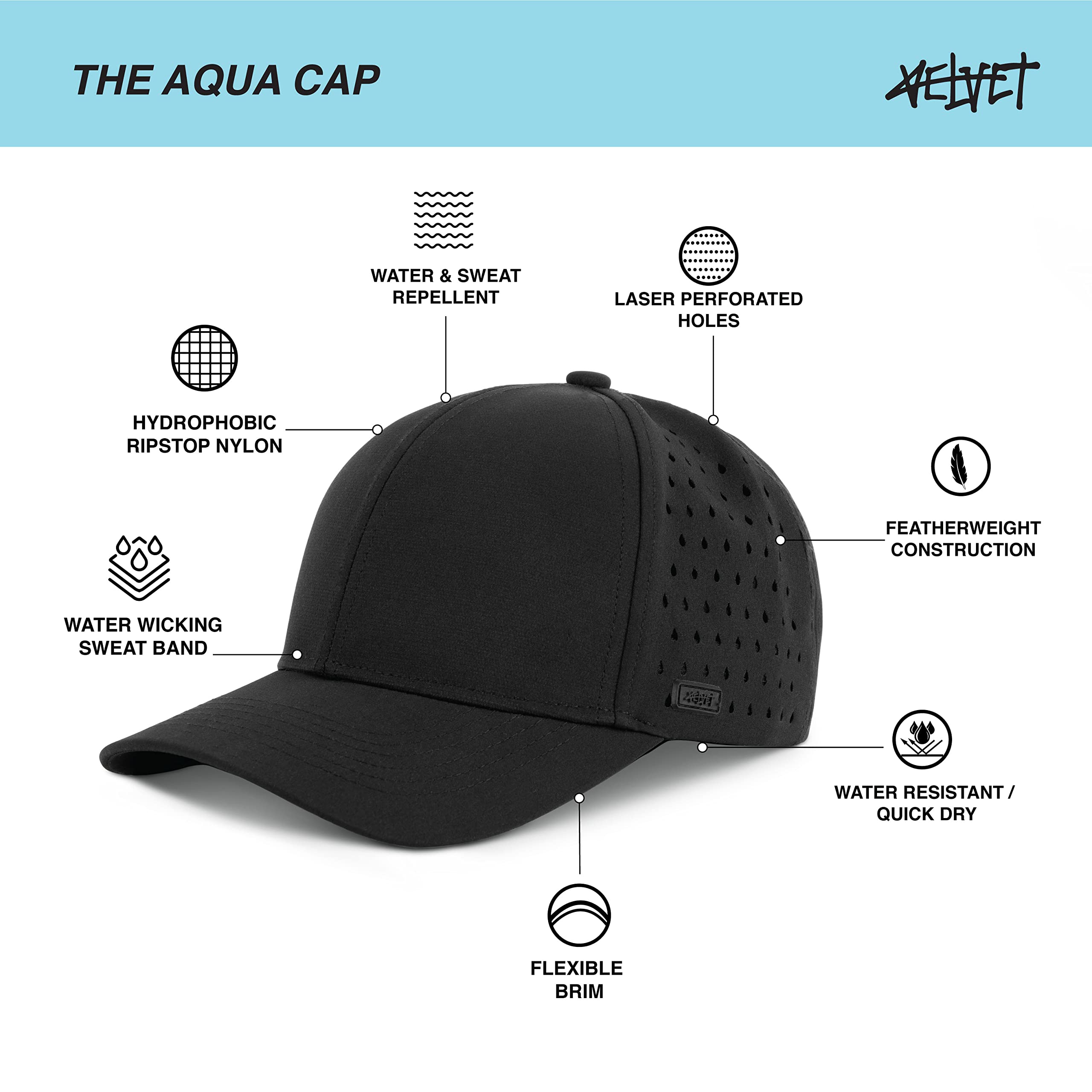 Hydro Hat, Waterproof Baseball Cap for A-Game Performance, 6-Panel Snapback for Gym, Boat, Golf, Workout, Running, Sweat Resistant, One Size, Unisex Black