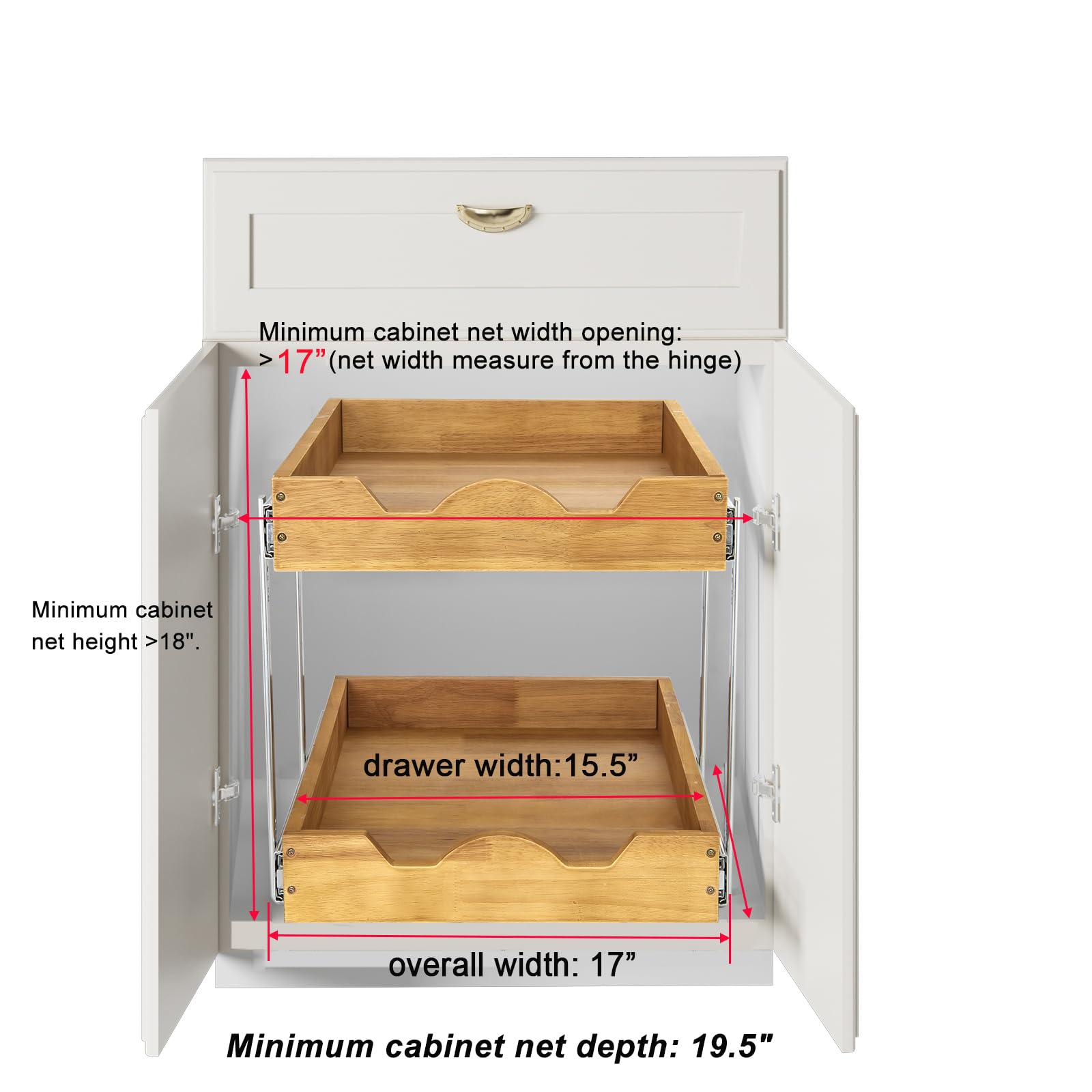 DINDON 2 Tier Wood Pull Out Cabinet Organizer (17" W x 18" D) Heavy-Duty Metal Sliding Drawer Shelf, Two Tier Pull Out Shelves for Kitchen Cabinets, Pantry, Bathroom…