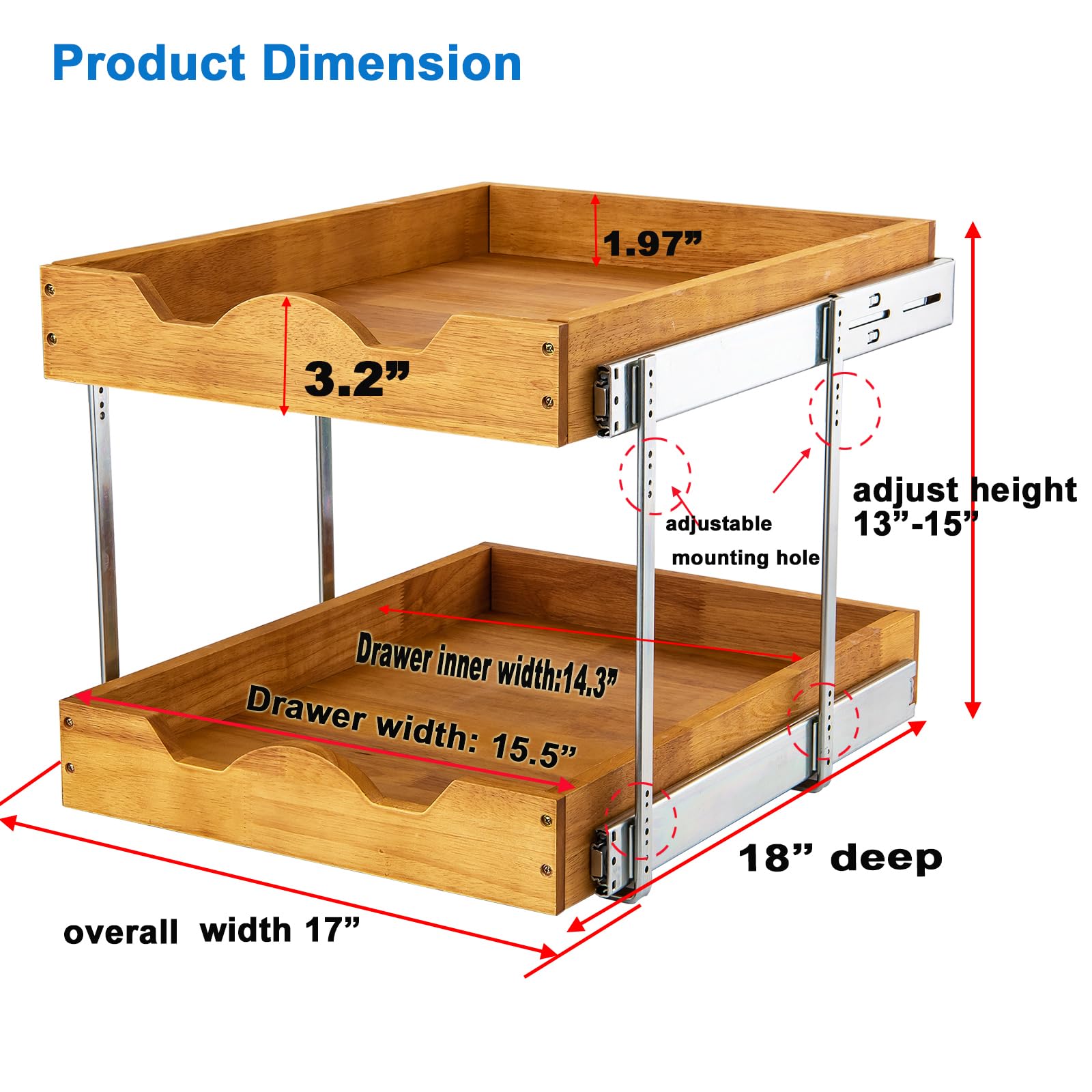 DINDON 2 Tier Wood Pull Out Cabinet Organizer (17" W x 18" D) Heavy-Duty Metal Sliding Drawer Shelf, Two Tier Pull Out Shelves for Kitchen Cabinets, Pantry, Bathroom…