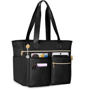 fasrom teacher tote bag for work women, large teacher utility bag with padded sleeve for up to 14 inches laptop and teacher supplies, black (patent design)