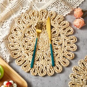 Zopeal 16 Pieces 11 Inches Woven Round Placemats Rattan Chargers Wicker Boho Placemats Natural Braided Table Mats Corn Husk Place Mats Wicker Charger Plates for Wedding(Hollow)